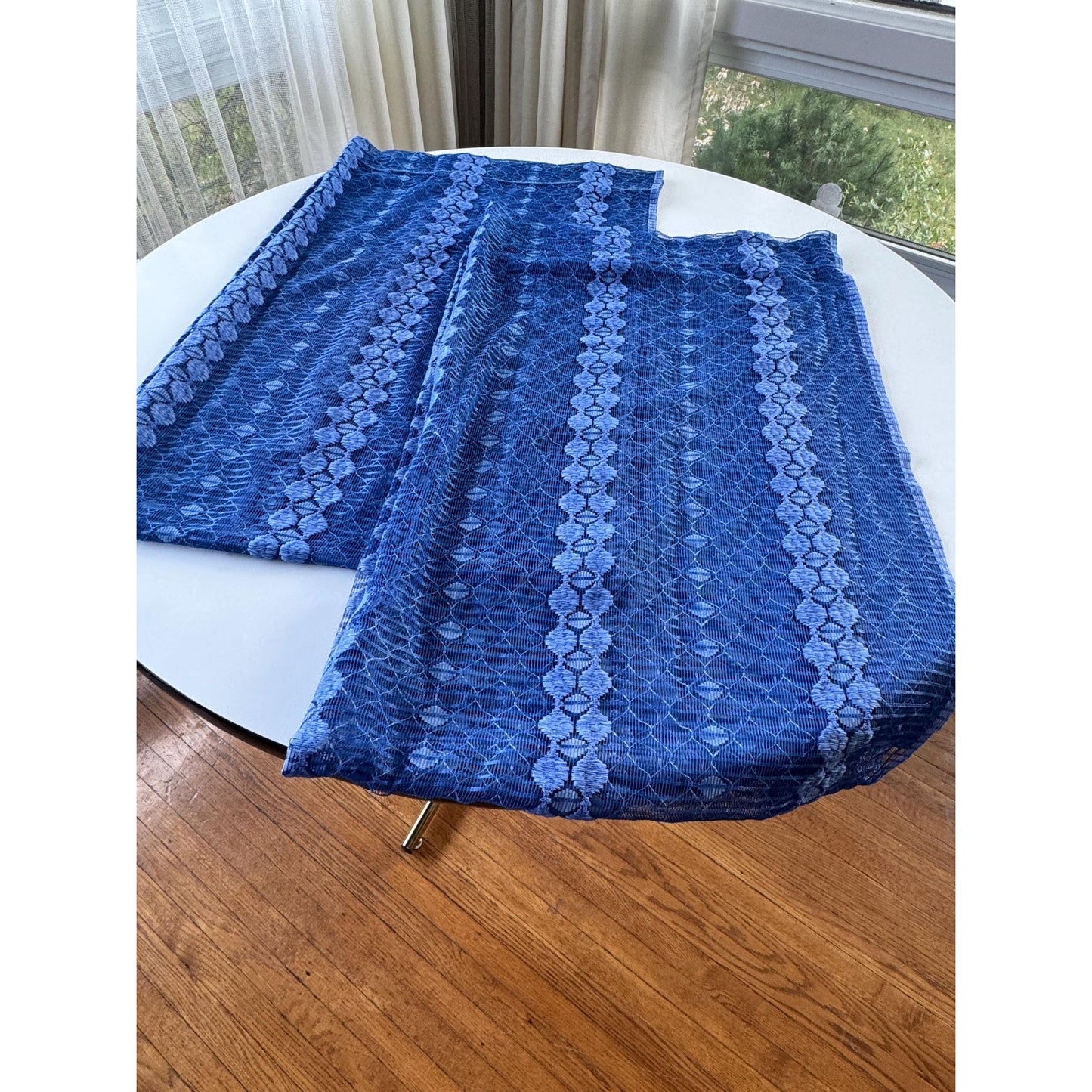 Vintage 70s curtain, groovy navy blue mesh panel