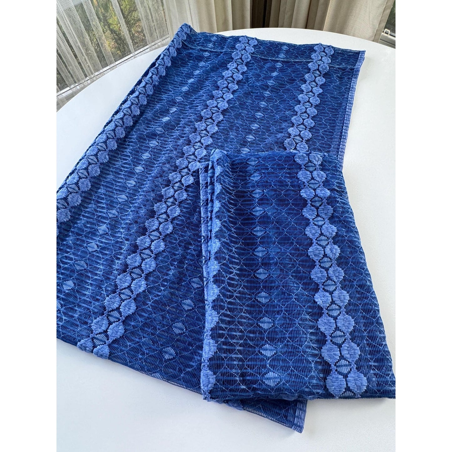 Vintage 70s curtain, groovy navy blue mesh panel
