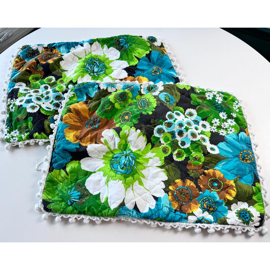 Vintage 70s decorative pillow covers, bold blue green and white flowers, pompoms trim
