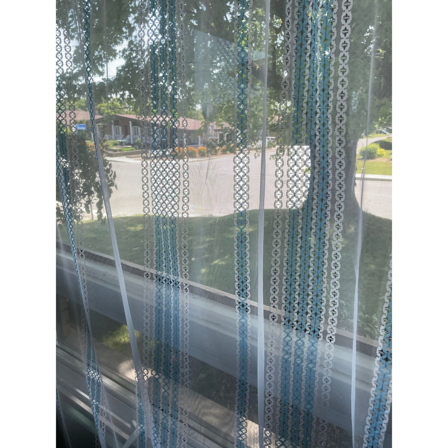 Vintage 80s curtain, white and blue stripes, sheer panel