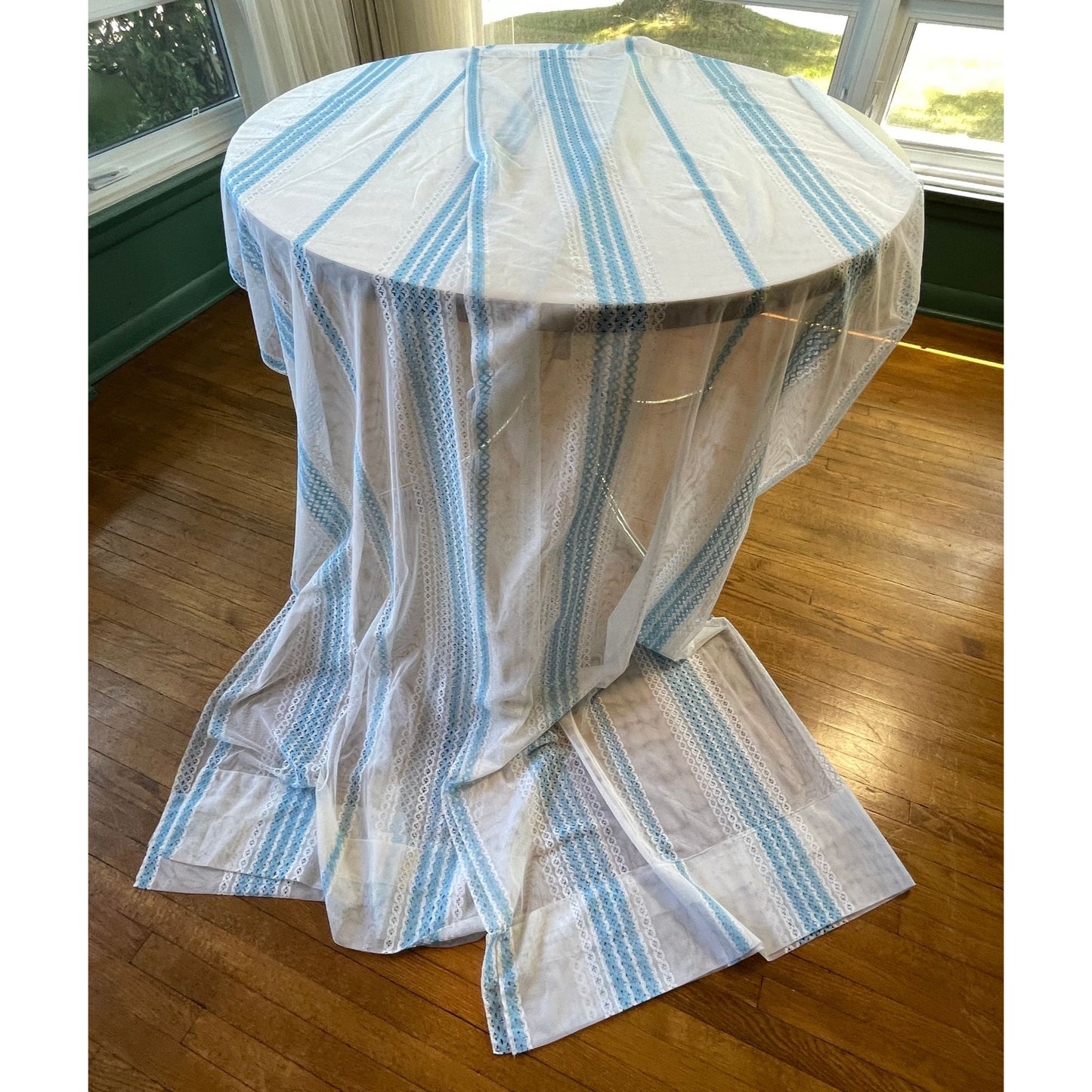 Vintage 80s curtain, white and blue stripes, sheer panel