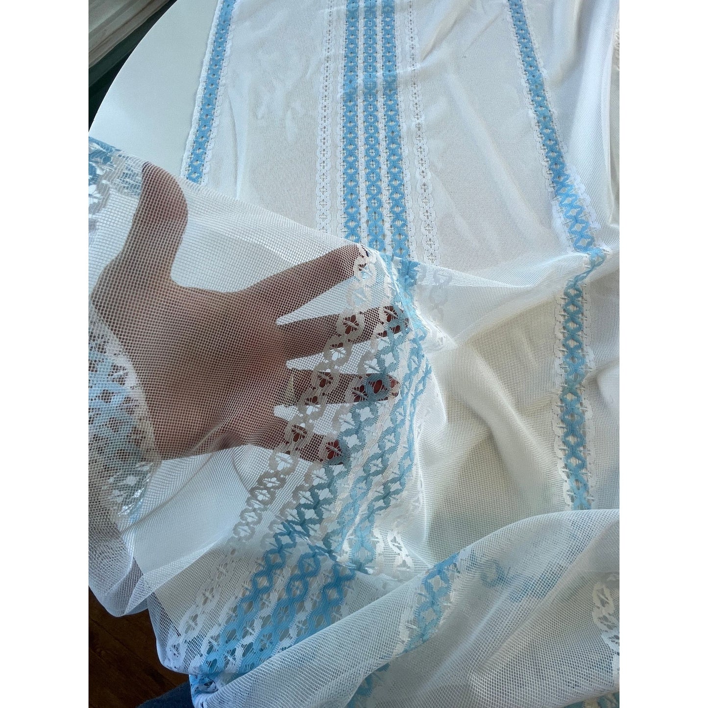 Vintage 80s curtain, white and blue stripes, sheer panel
