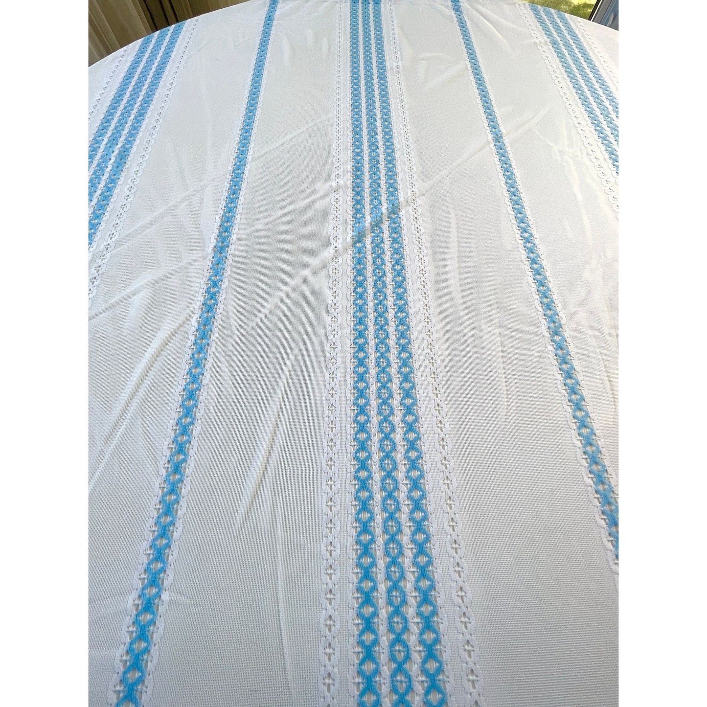 Vintage 80s curtain, white and blue stripes, sheer panel