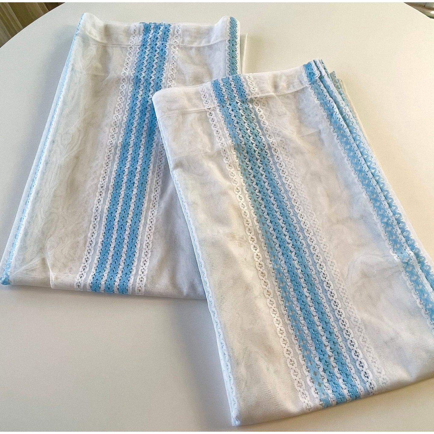 Vintage 80s curtain, white and blue stripes, sheer panel