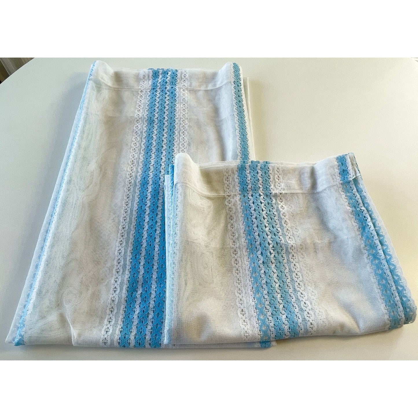 Vintage 80s curtain, white and blue stripes, sheer panel