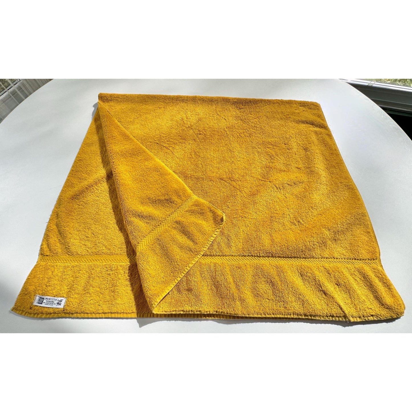 Vintage 1970s towel, terrycloth bath sheet, golden yellow, Martex Luxor