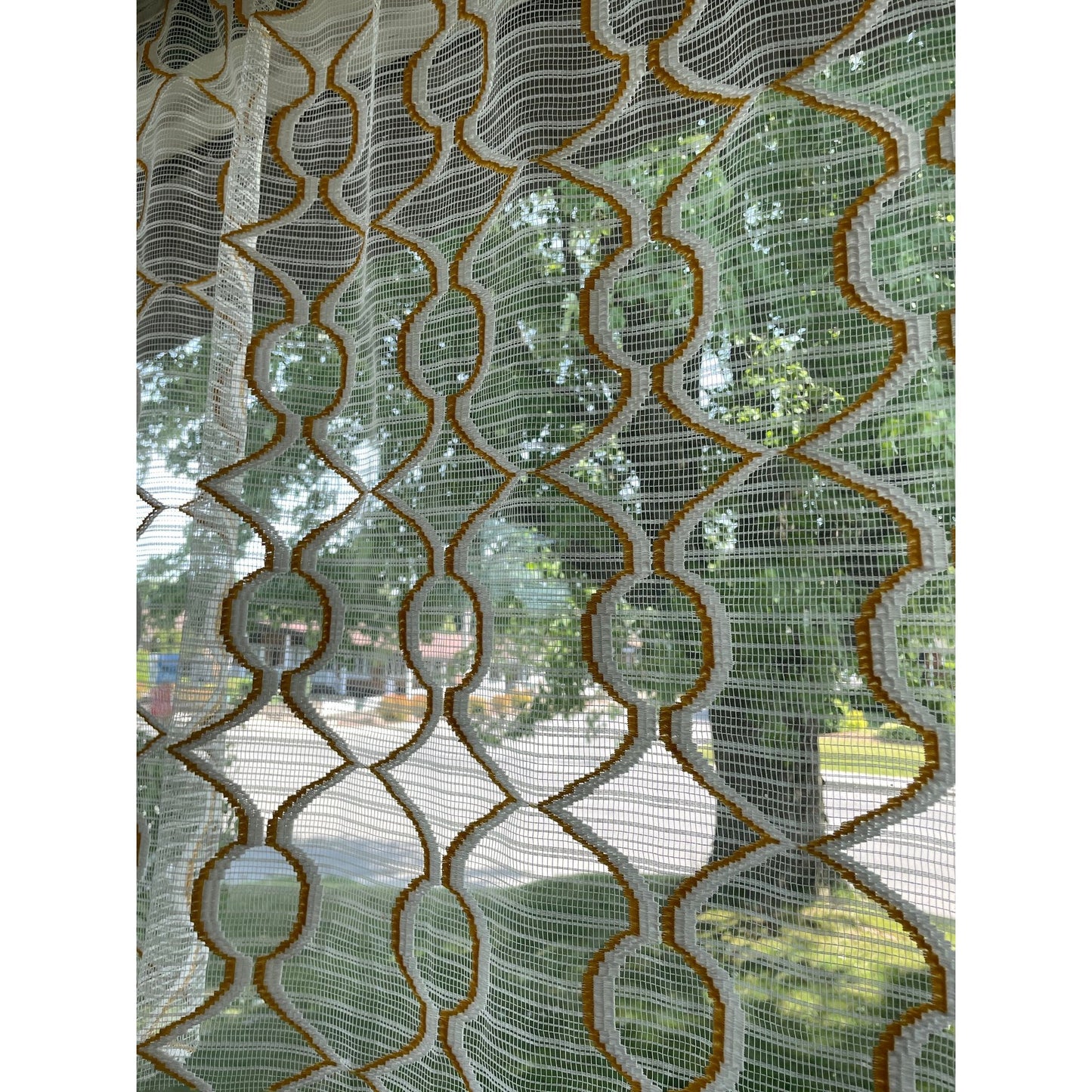 Vintage 70s curtain, yellow/orange embroidered groovy pattern