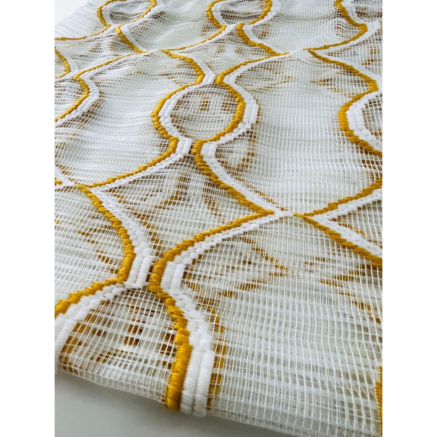 Vintage 70s curtain, yellow/orange embroidered groovy pattern