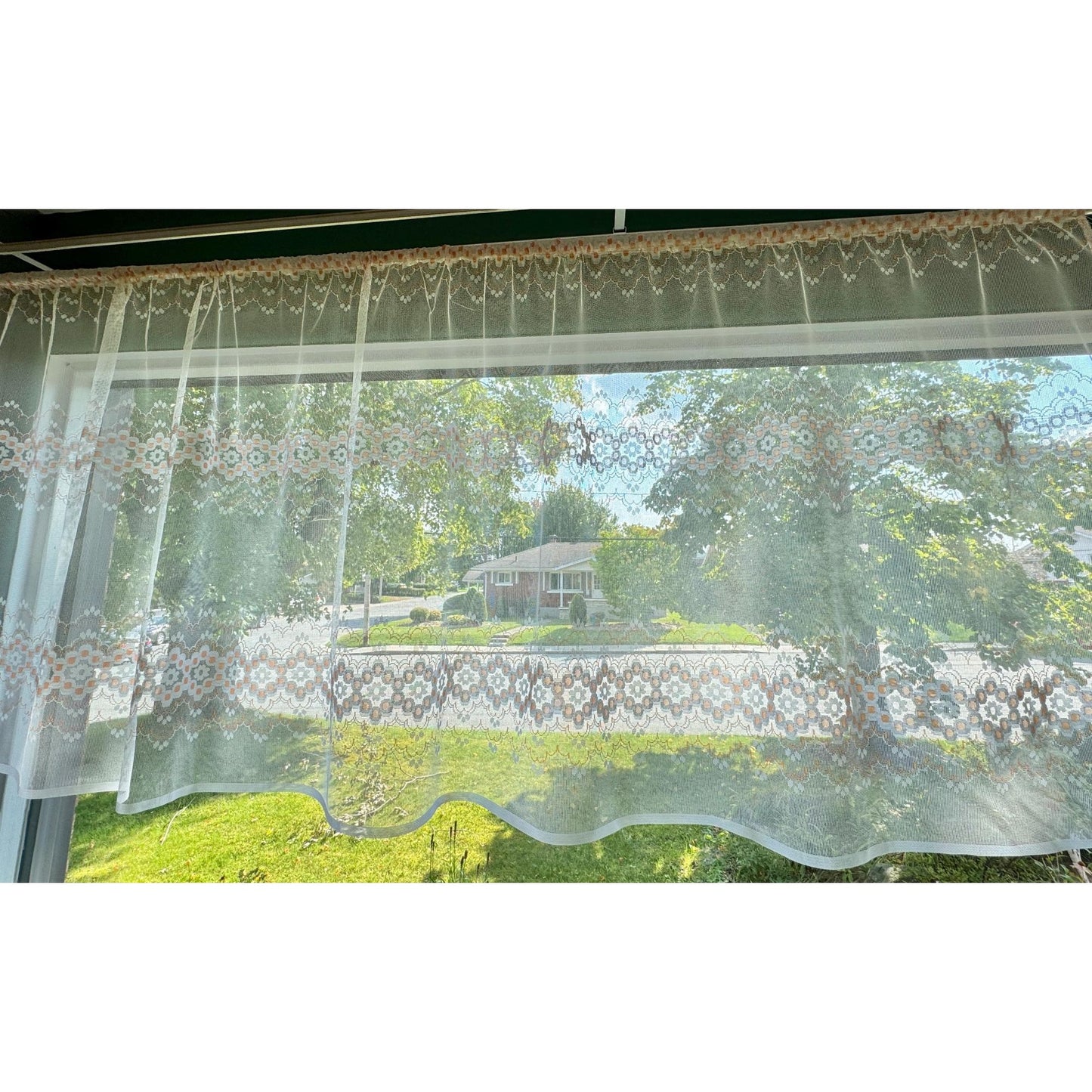 Vintage 70s curtain, white, creamy orange groovy floral pattern