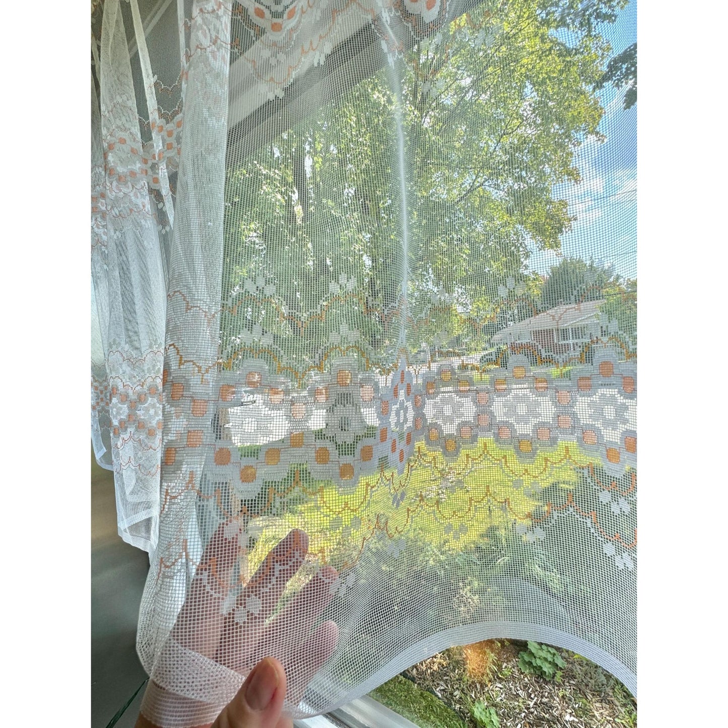 Vintage 70s curtain, white, creamy orange groovy floral pattern