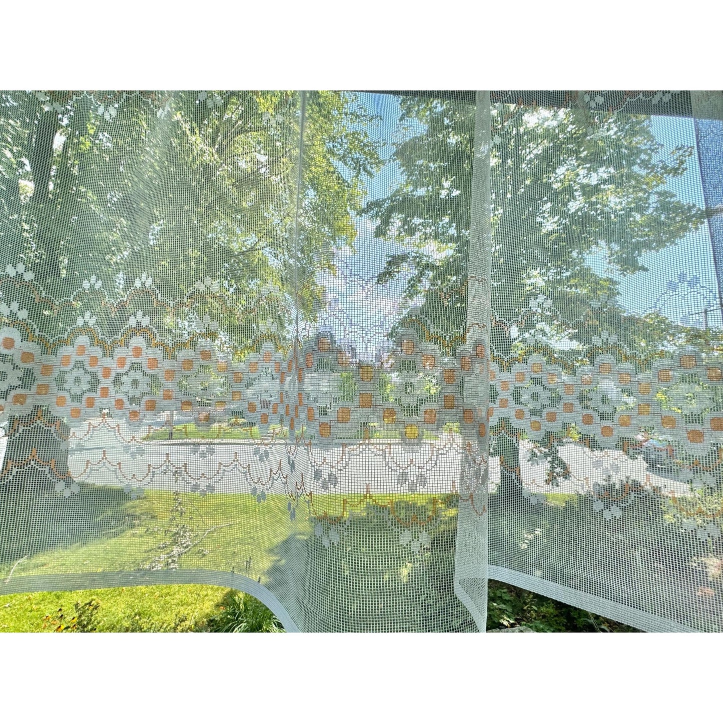 Vintage 70s curtain, white, creamy orange groovy floral pattern
