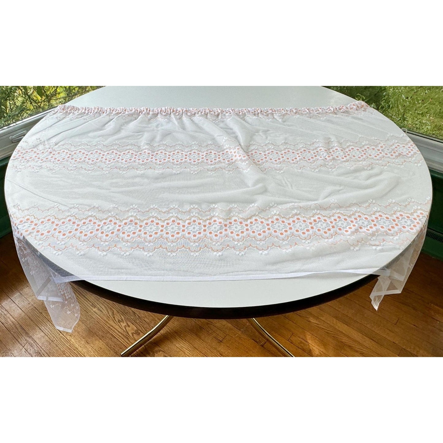 Vintage 70s curtain, white, creamy orange groovy floral pattern