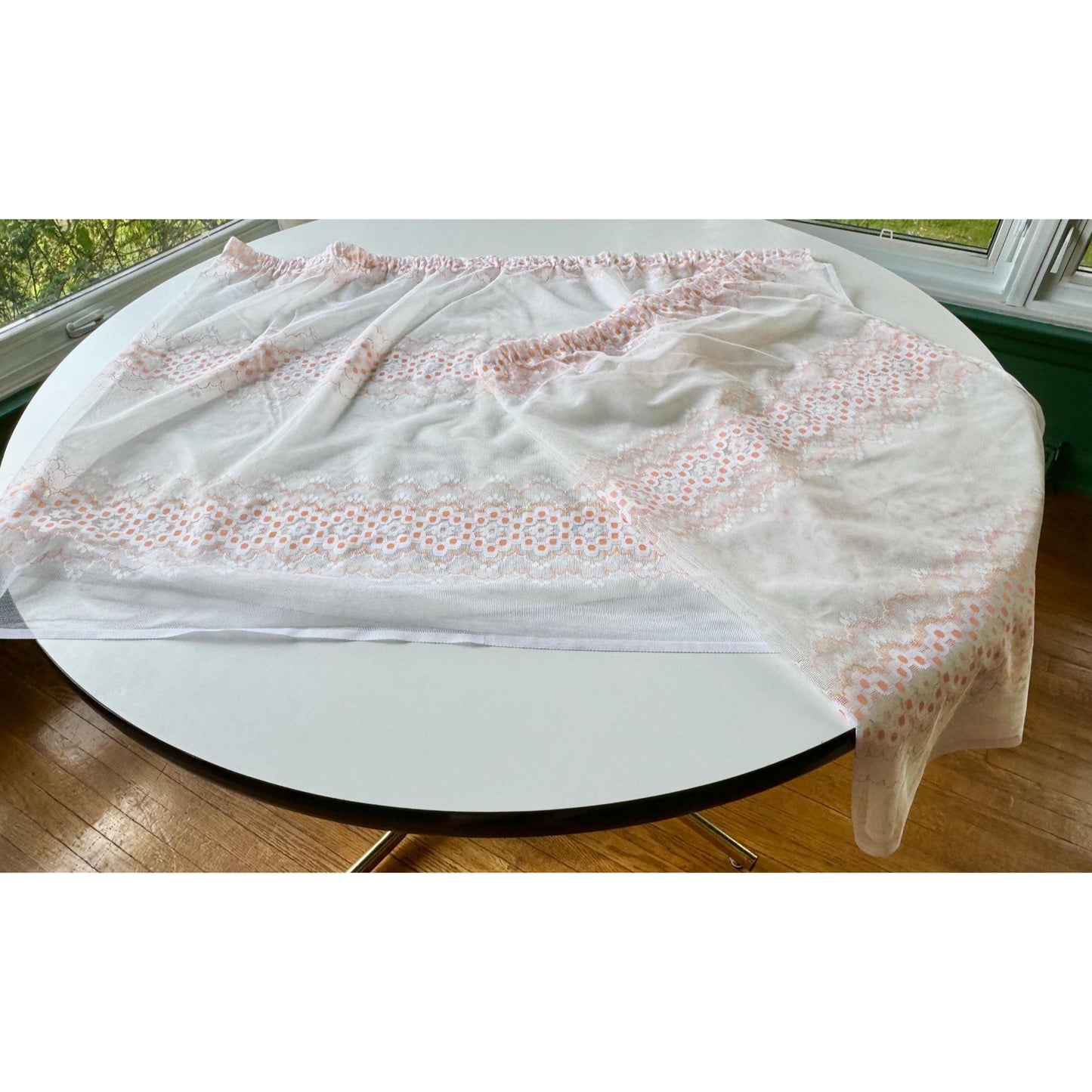 Vintage 70s curtain, white, creamy orange groovy floral pattern