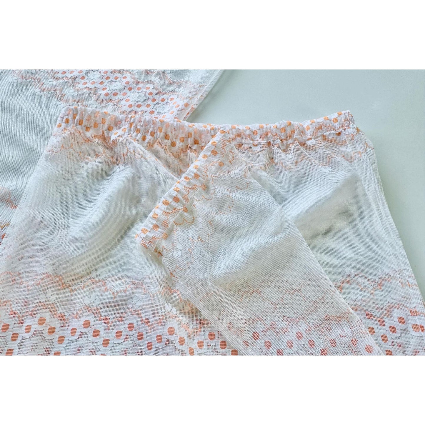 Vintage 70s curtain, white, creamy orange groovy floral pattern