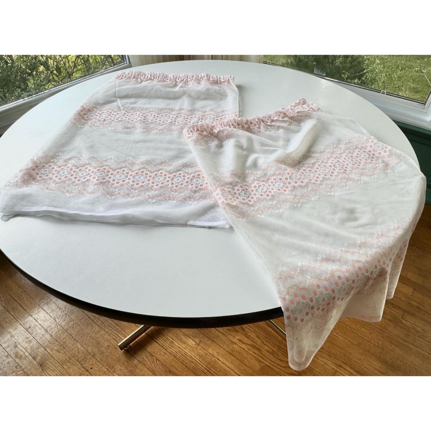 Vintage 70s curtain, white, creamy orange groovy floral pattern