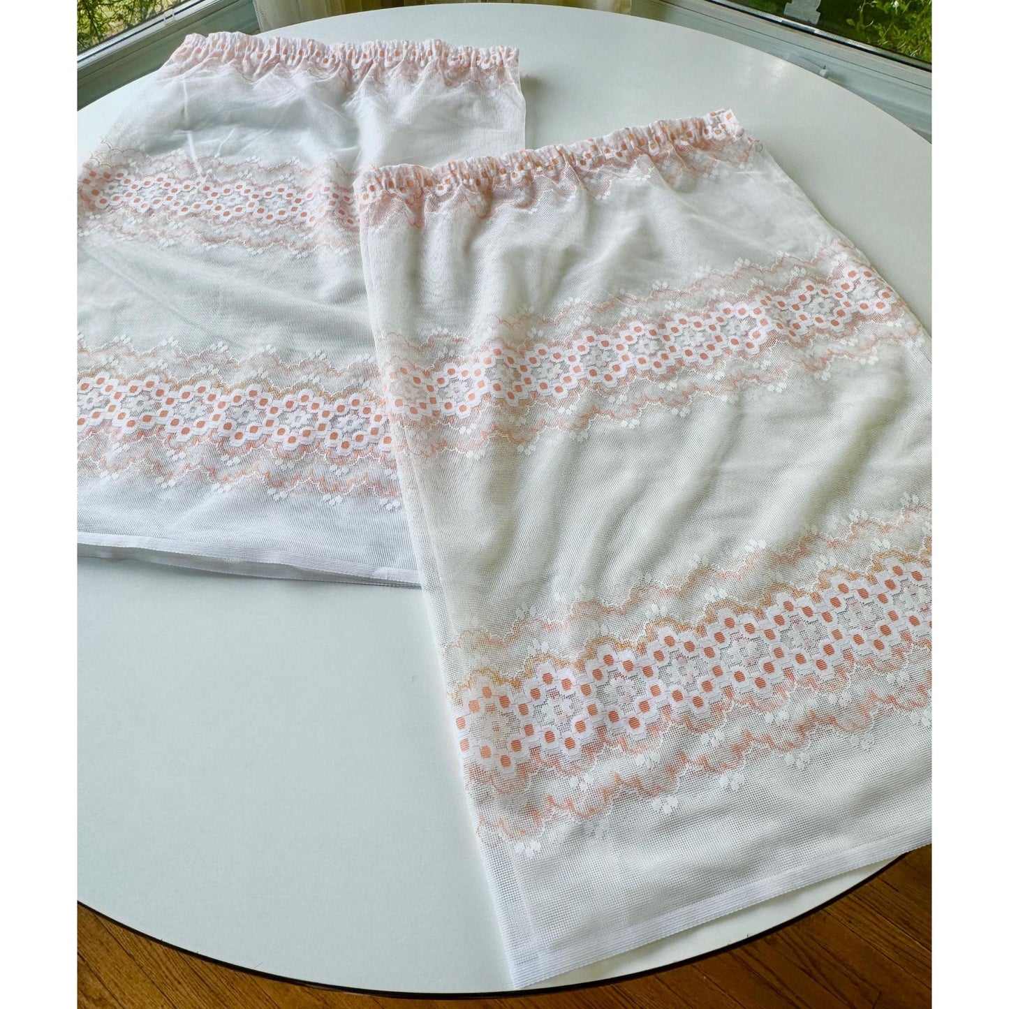 Vintage 70s curtain, white, creamy orange groovy floral pattern