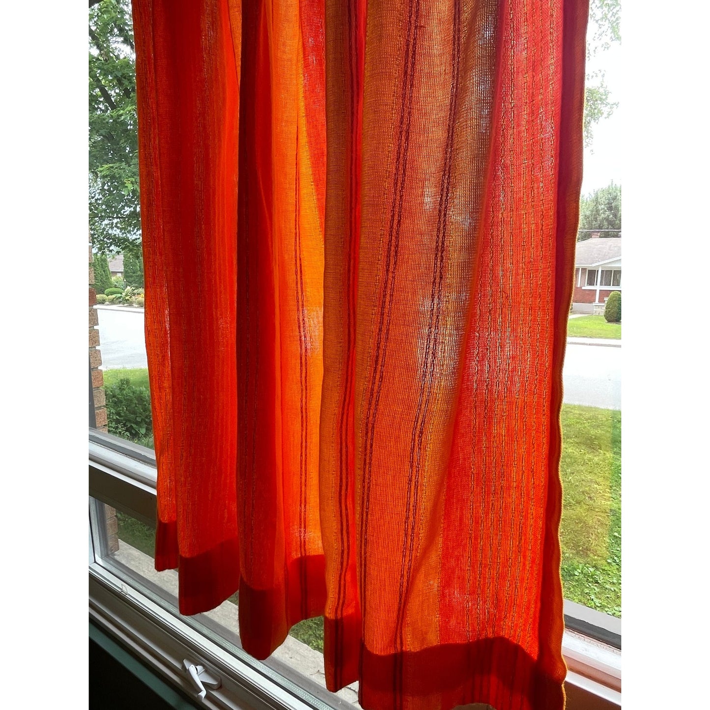Vintage 70s pleated curtain, orange striped woven panel
