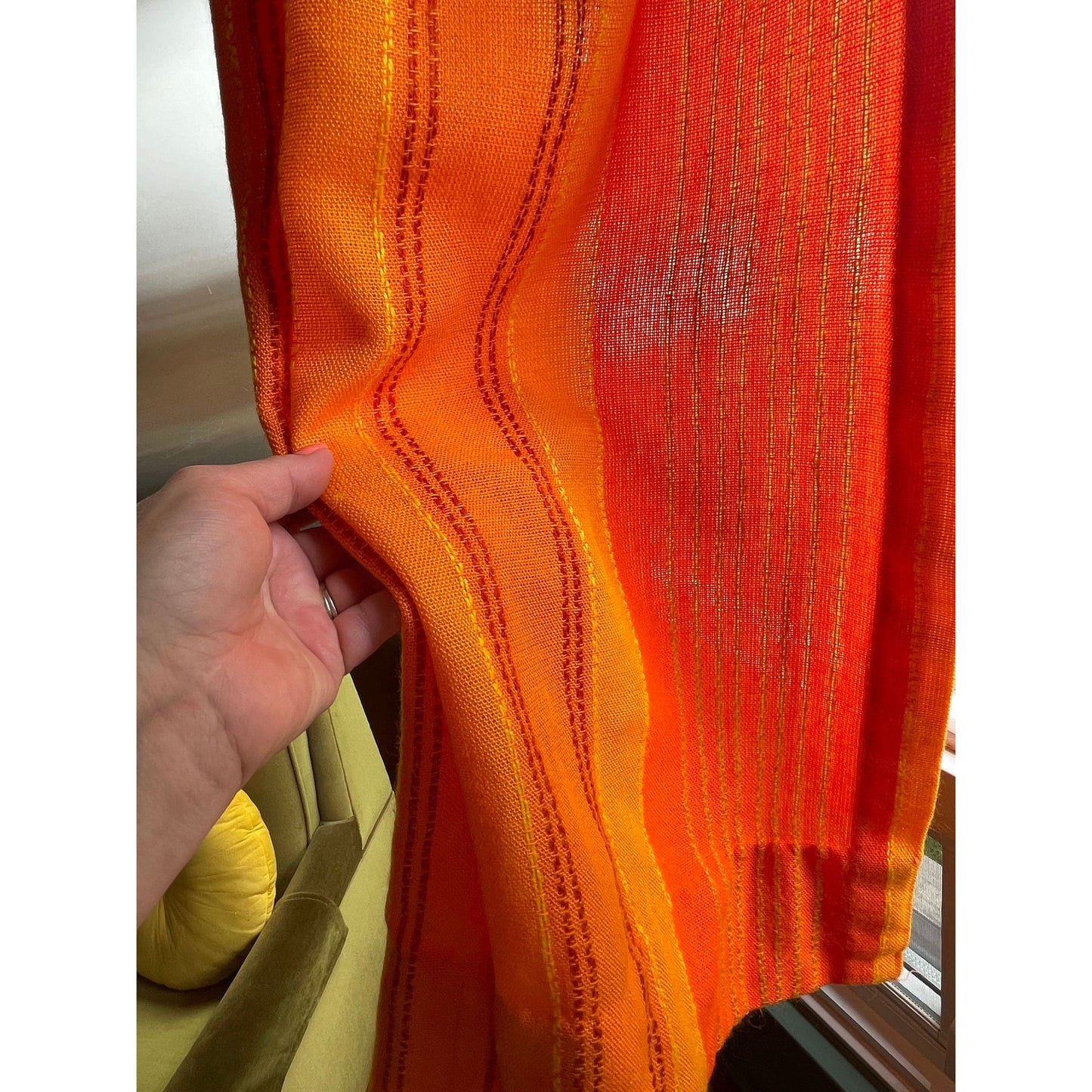 Vintage 70s pleated curtain, orange striped woven panel