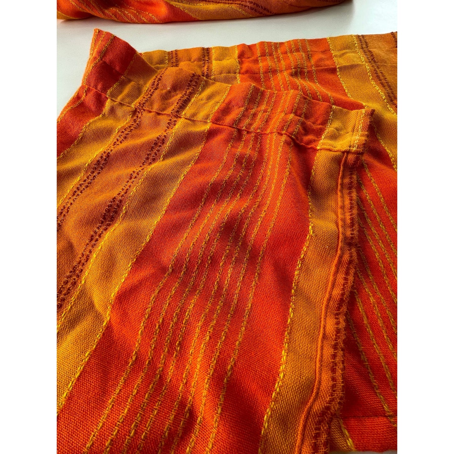Vintage 70s pleated curtain, orange striped woven panel