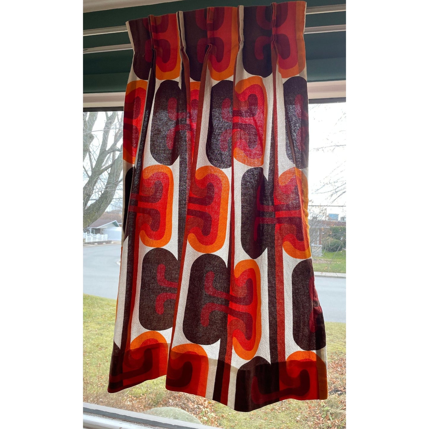 Vintage 1960s pleated curtain, orange red geometric pattern