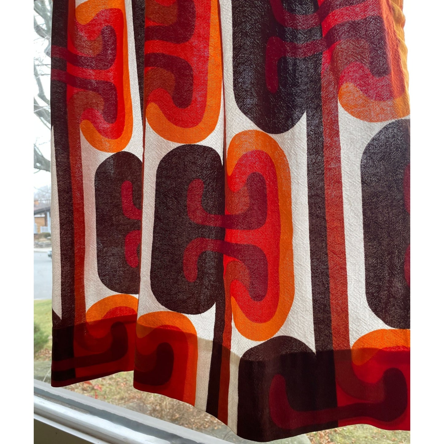 Vintage 1960s pleated curtain, orange red geometric pattern