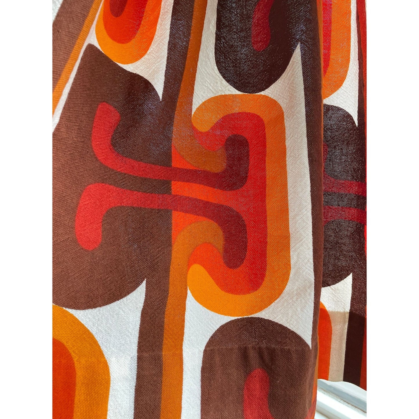 Vintage 1960s pleated curtain, orange red geometric pattern