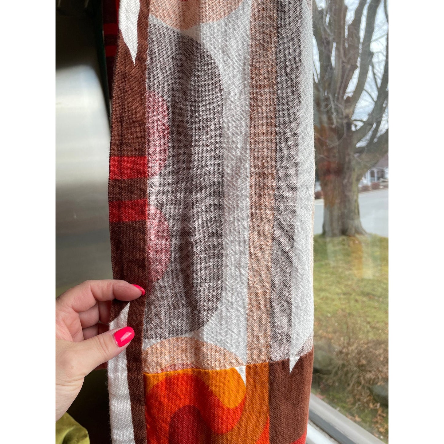 Vintage 1960s pleated curtain, orange red geometric pattern