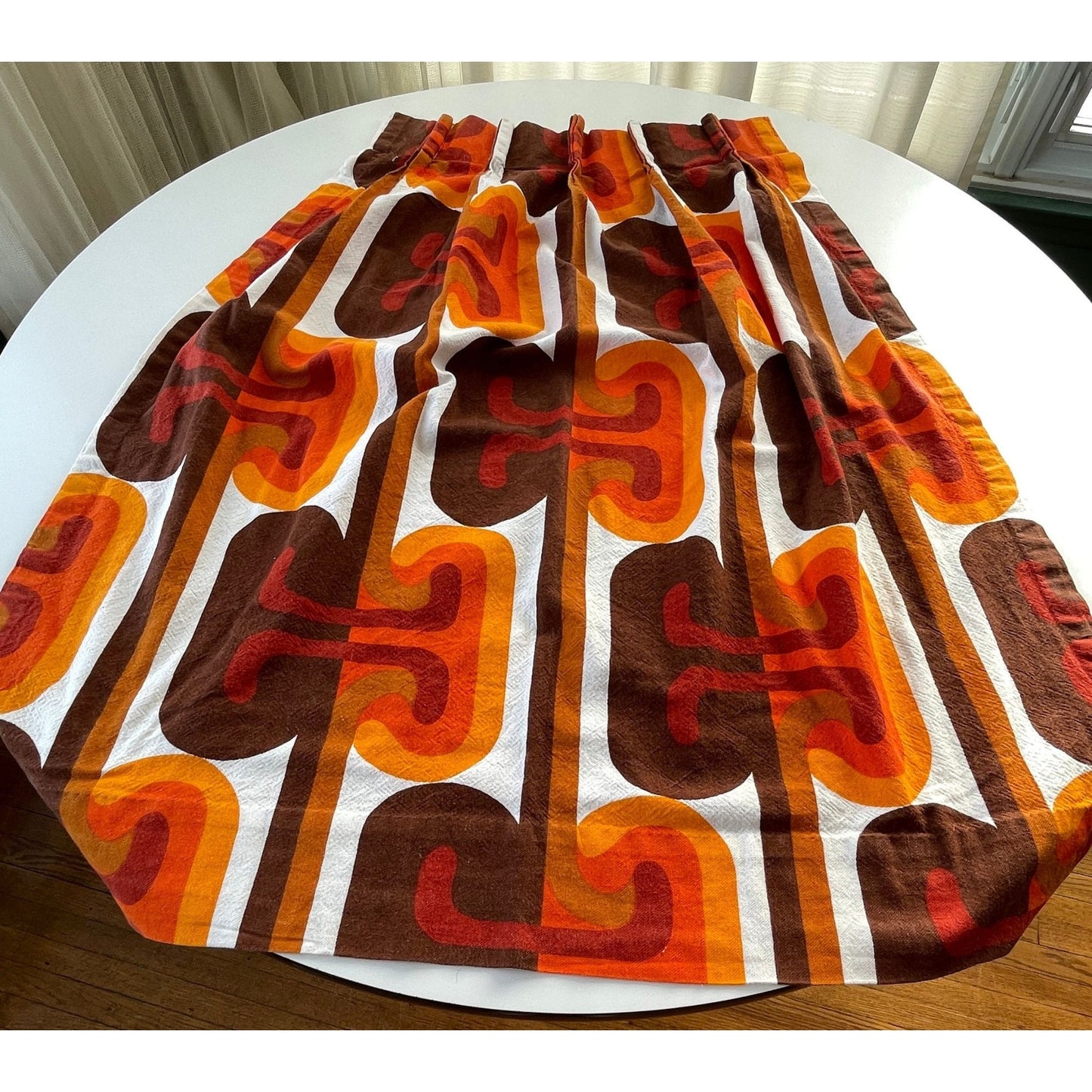Vintage 1960s pleated curtain, orange red geometric pattern