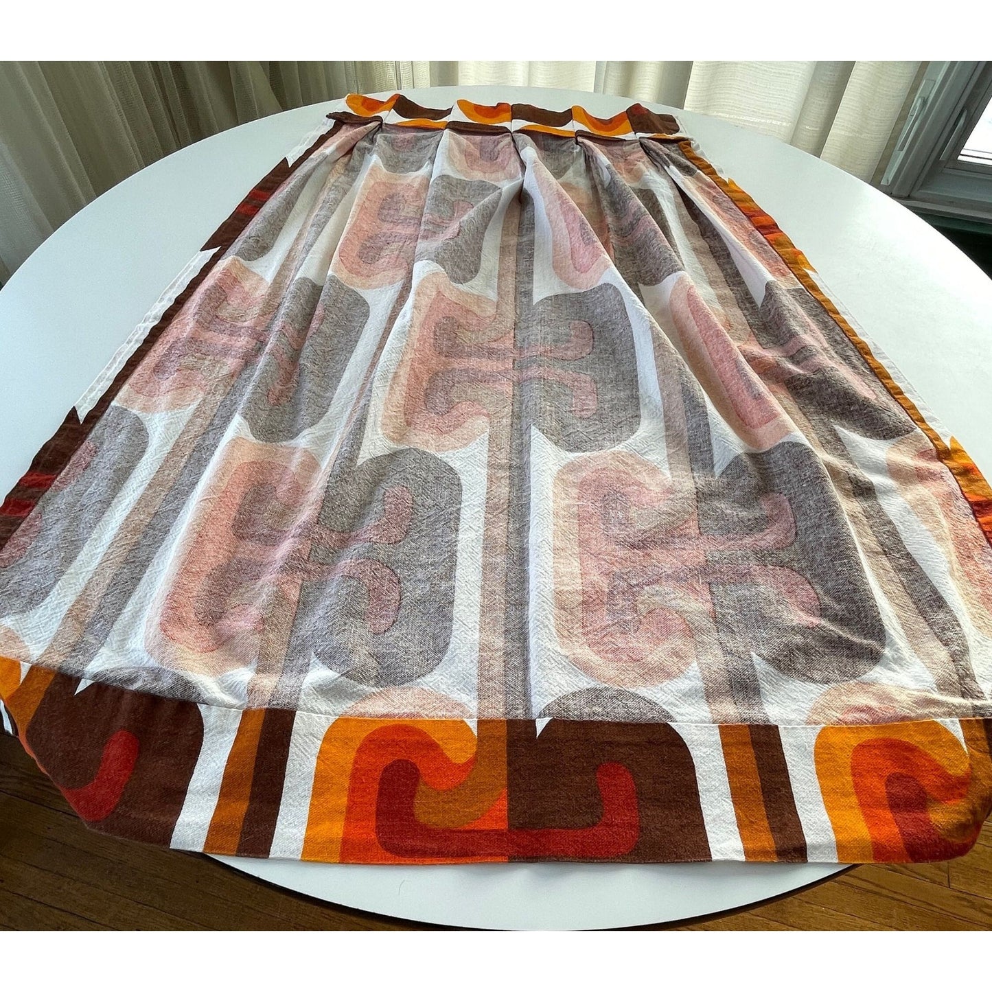 Vintage 1960s pleated curtain, orange red geometric pattern
