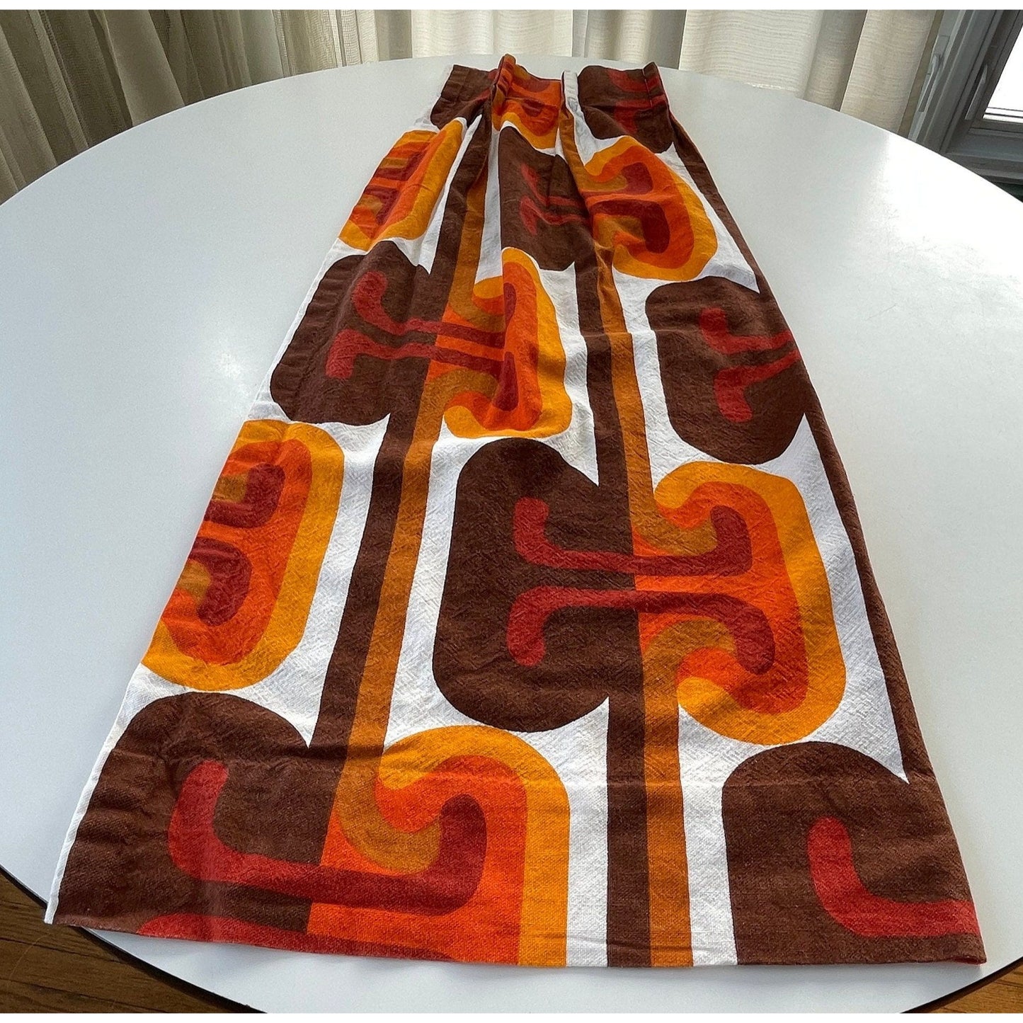 Vintage 1960s pleated curtain, orange red geometric pattern