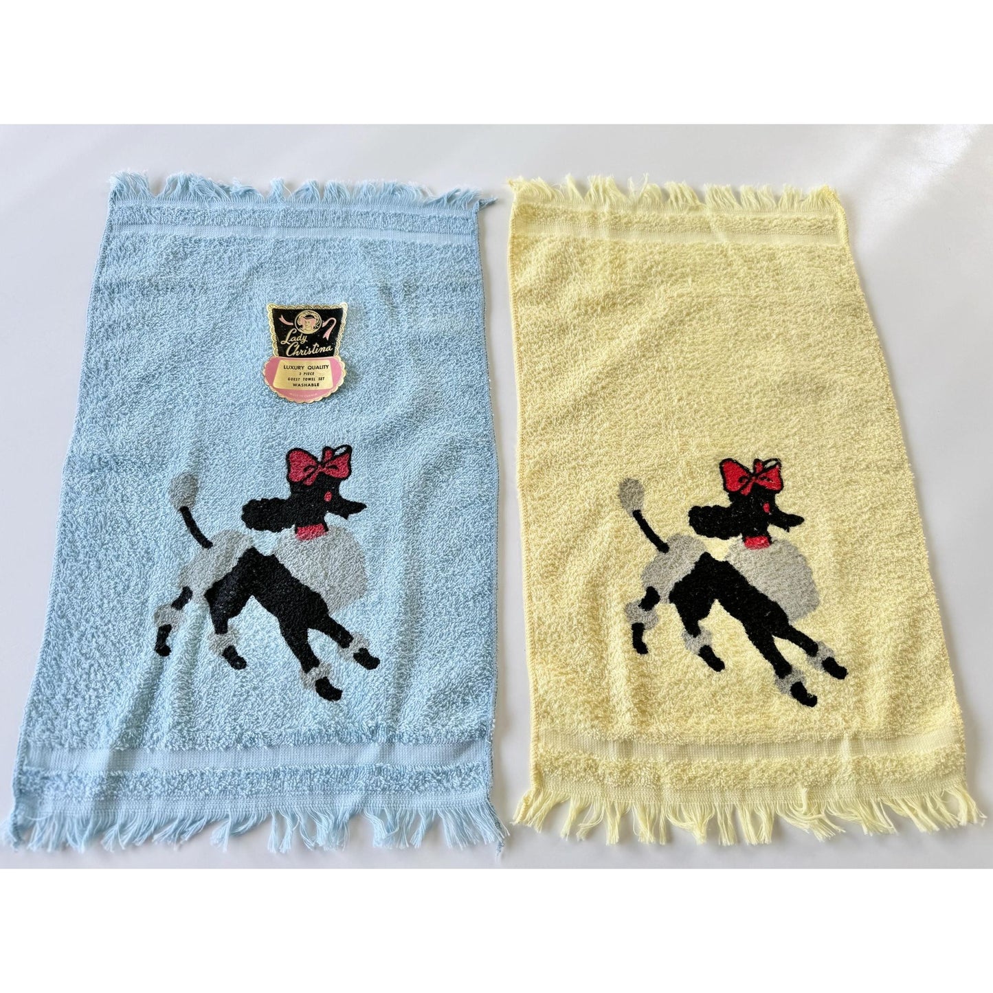 Vintage 50s hand/face towels, new with original sticker, Poodle with bow, set of 2