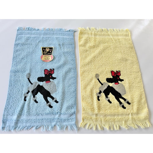Vintage 50s hand/face towels, new with original sticker, Poodle with bow, set of 2