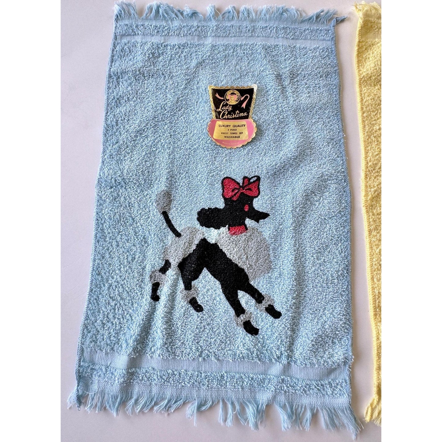 Vintage 50s hand/face towels, new with original sticker, Poodle with bow, set of 2
