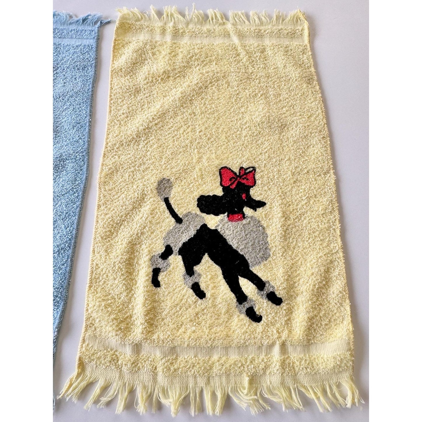 Vintage 50s hand/face towels, new with original sticker, Poodle with bow, set of 2