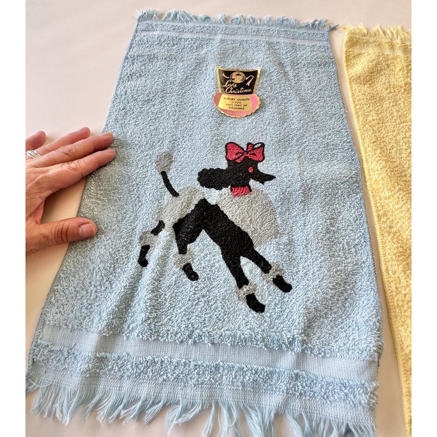 Vintage 50s hand/face towels, new with original sticker, Poodle with bow, set of 2