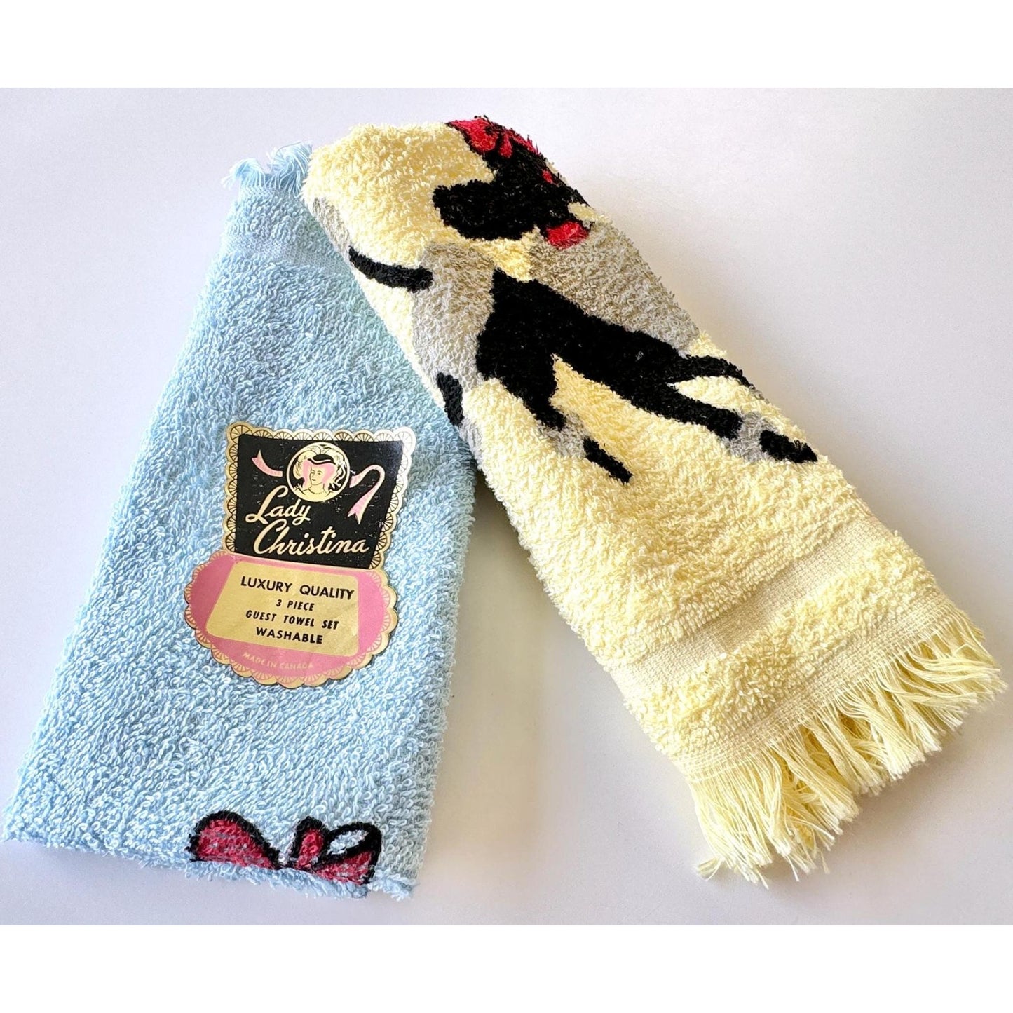 Vintage 50s hand/face towels, new with original sticker, Poodle with bow, set of 2