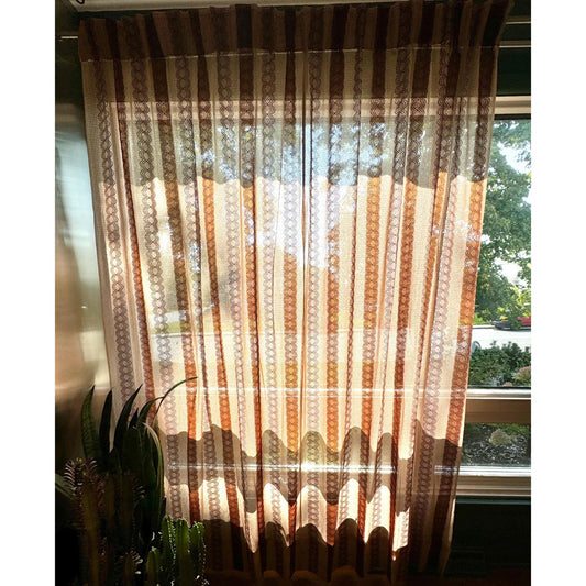Vintage 70s pleated curtain, tan brown groovy stripes, woven panel