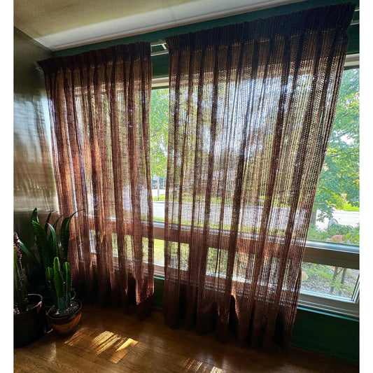 Vintage 70s pleated curtain, chocolate brown open weave panel