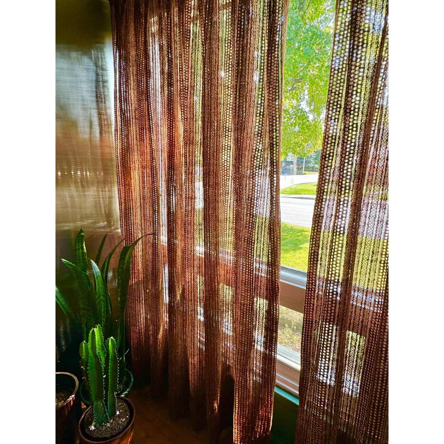 Vintage 70s pleated curtain, chocolate brown open weave panel