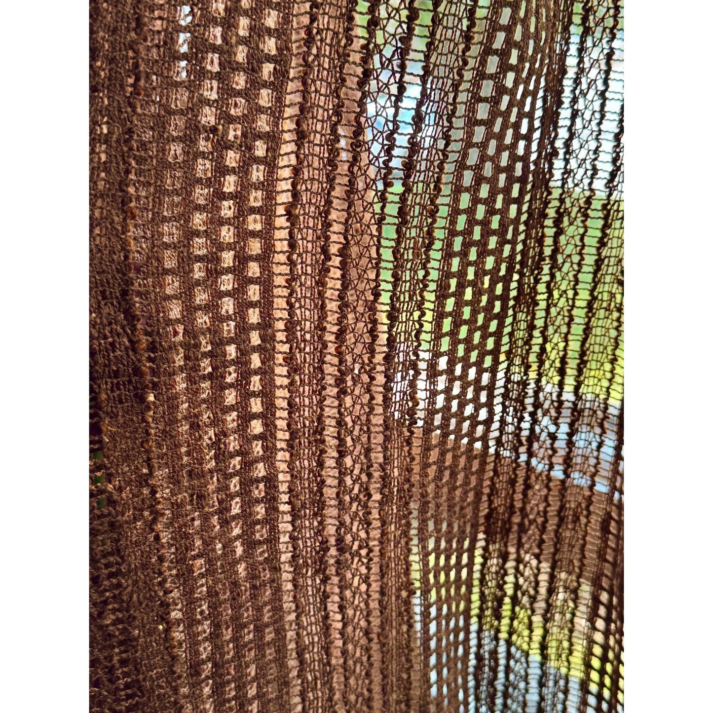 Vintage 70s pleated curtain, chocolate brown open weave panel