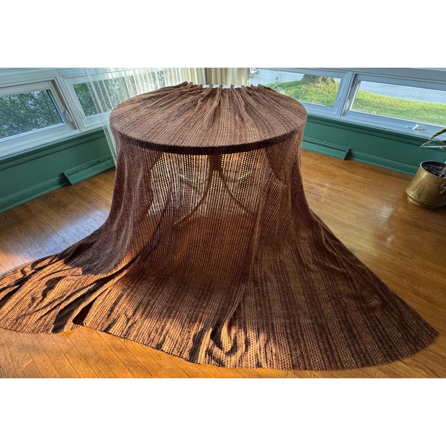 Vintage 70s pleated curtain, chocolate brown open weave panel