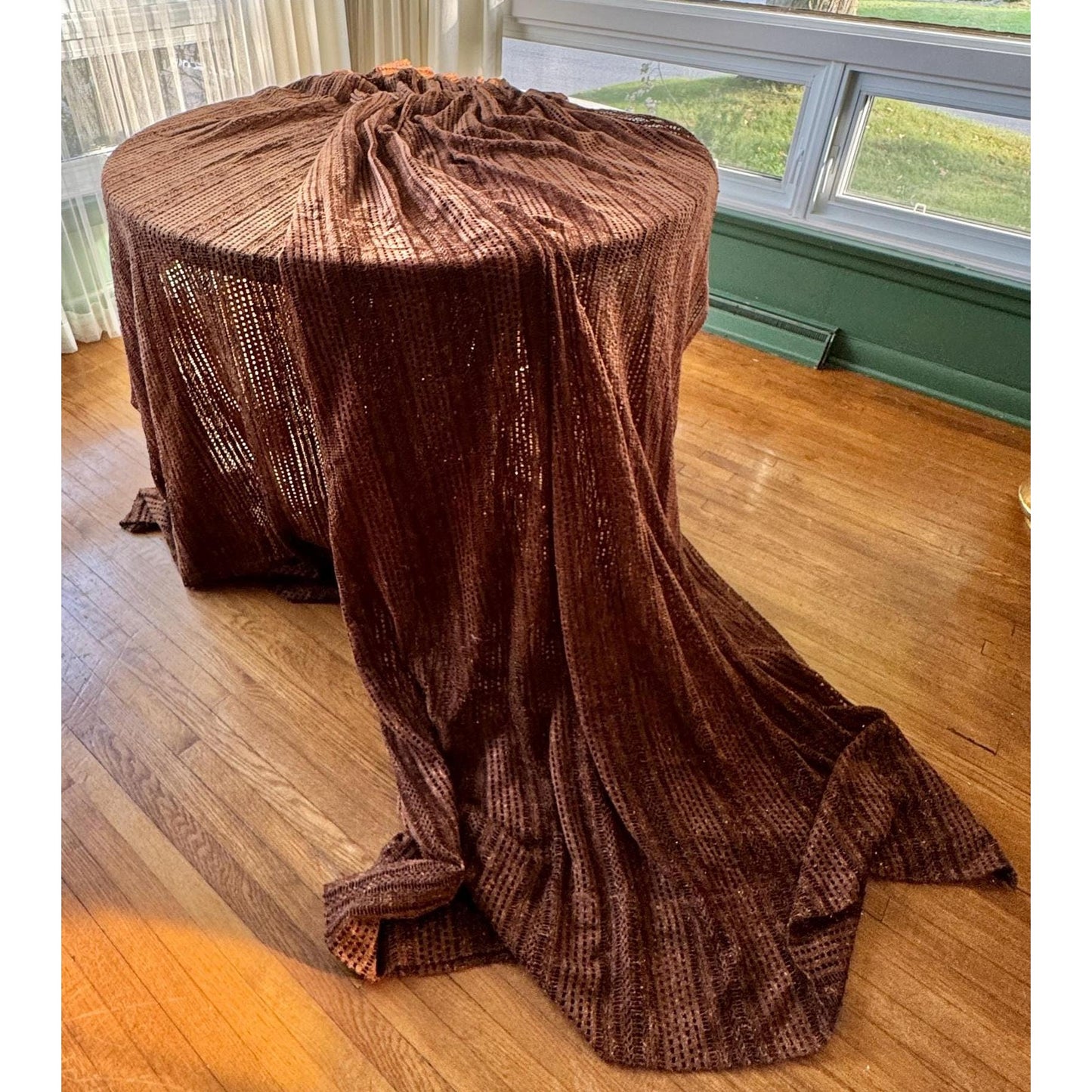 Vintage 70s pleated curtain, chocolate brown open weave panel