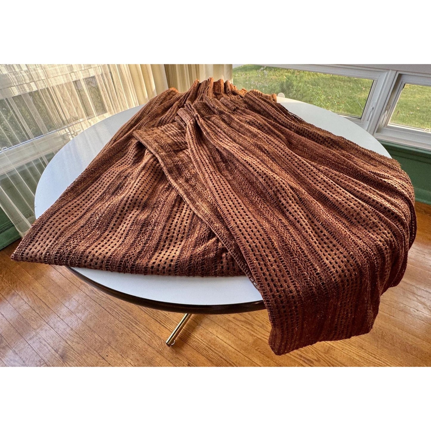 Vintage 70s pleated curtain, chocolate brown open weave panel