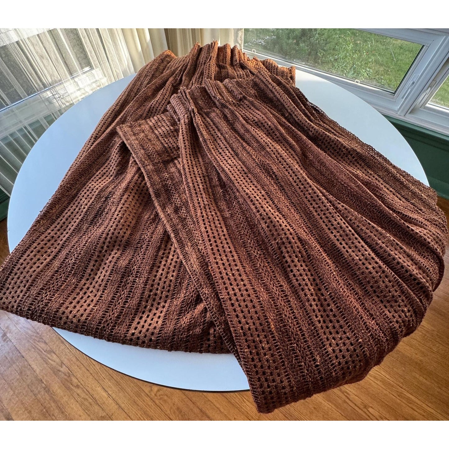 Vintage 70s pleated curtain, chocolate brown open weave panel