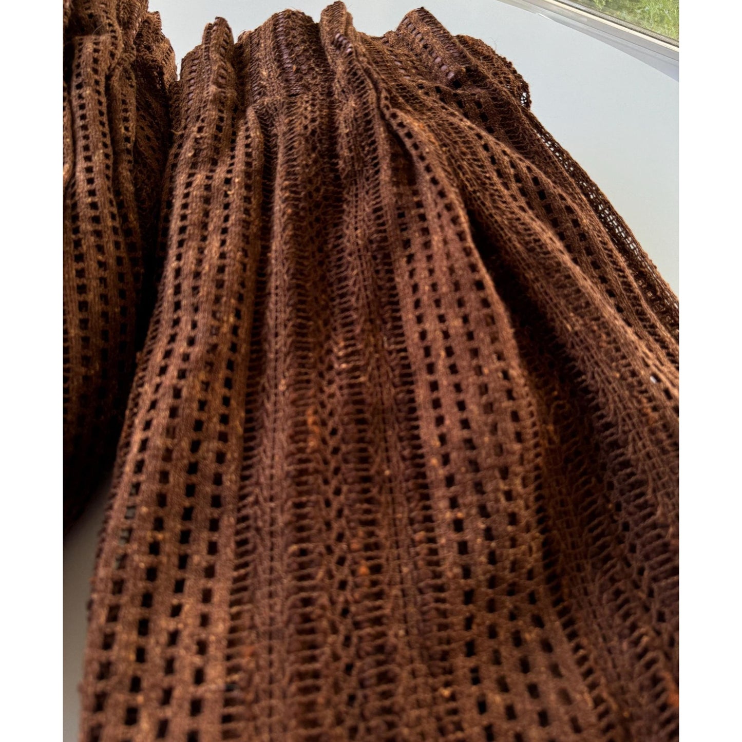 Vintage 70s pleated curtain, chocolate brown open weave panel