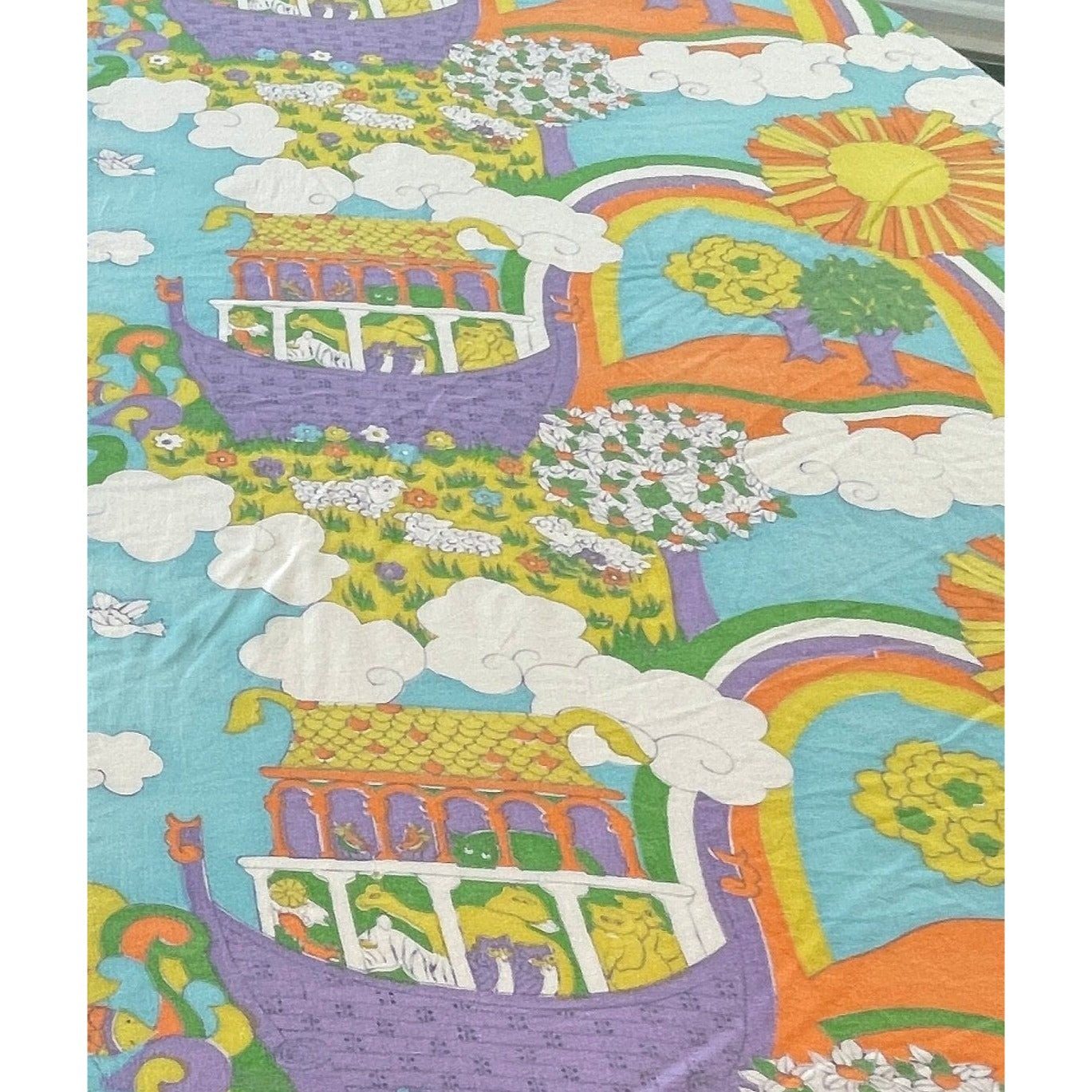 Vintage 70s flat sheet, Sears' Noah's Ark, twin size