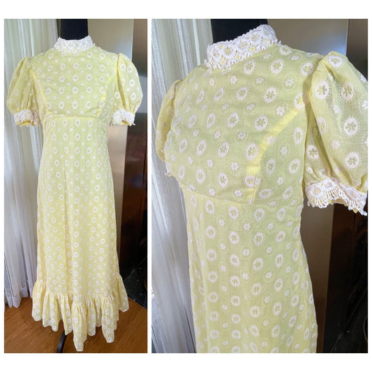 Vintage 1960s yellow maxi dress, organza flocked floral print