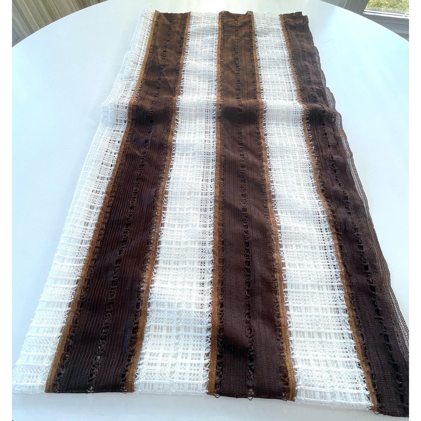 Vintage 70s curtain, brown white stripes, mesh panel