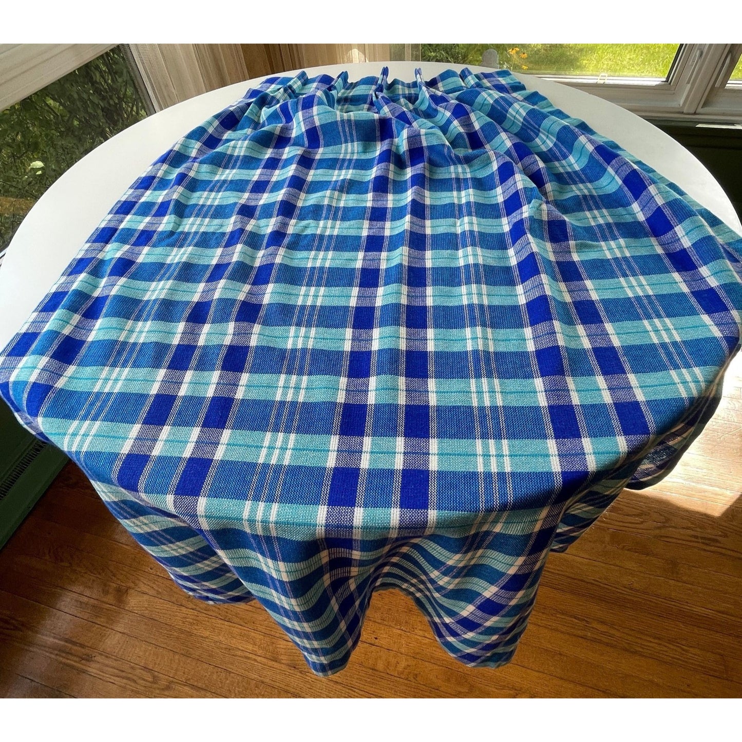 Vintage 80s pleated curtains, blue plaid, Sears