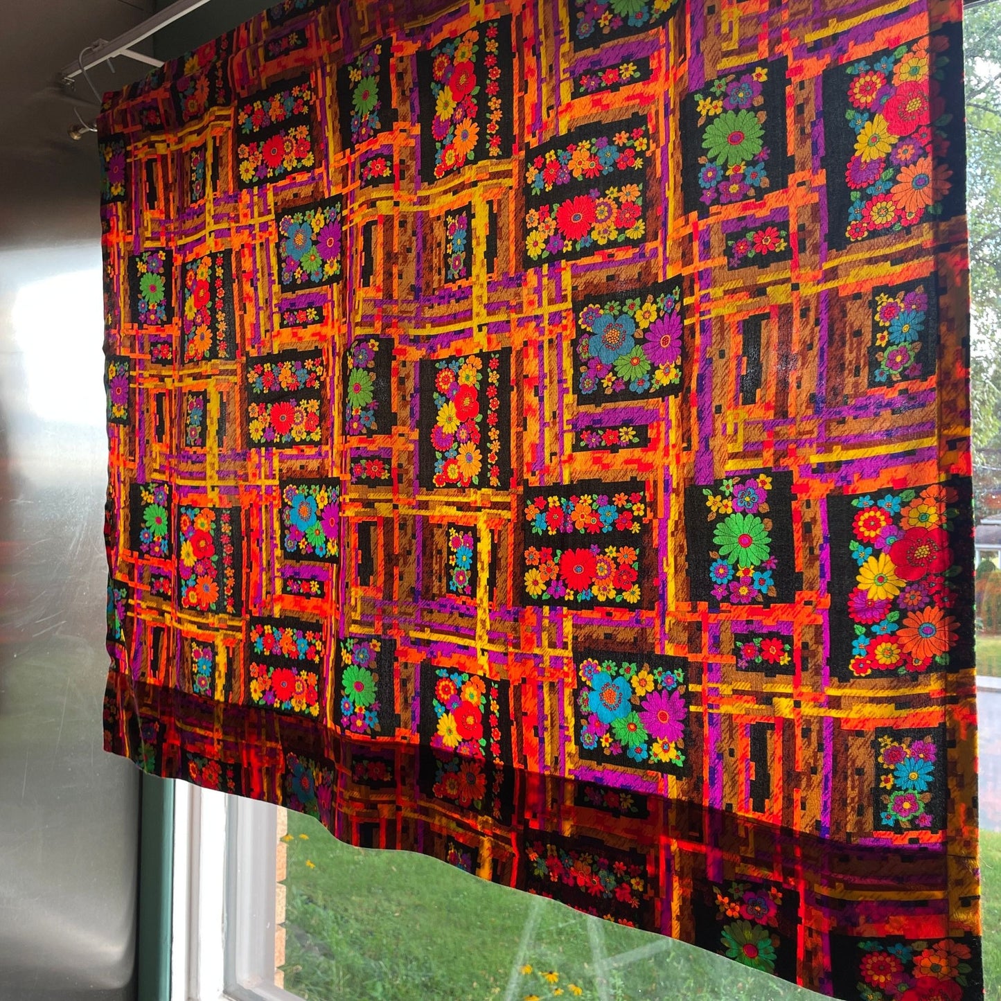 Vintage 70s floral curtain panel, orange, hot pink, green, blue